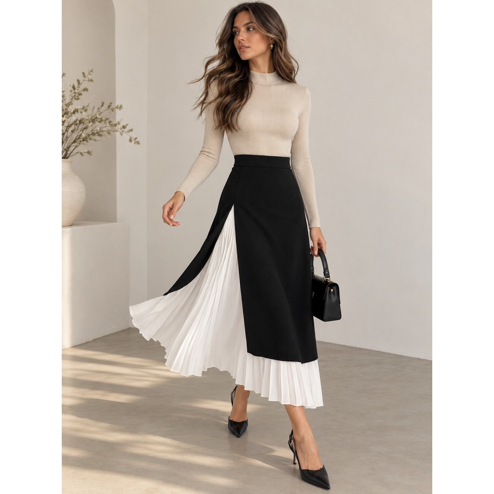 COMMENSE Black White Two Tone Pleated High Waist Midi Long Skirt Size S